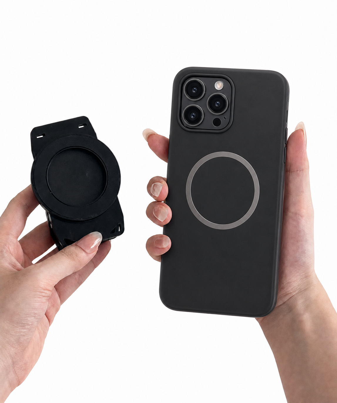 Hands holding the MagSafe Phone Holder beside a phone, showing the magnetic mounting ring