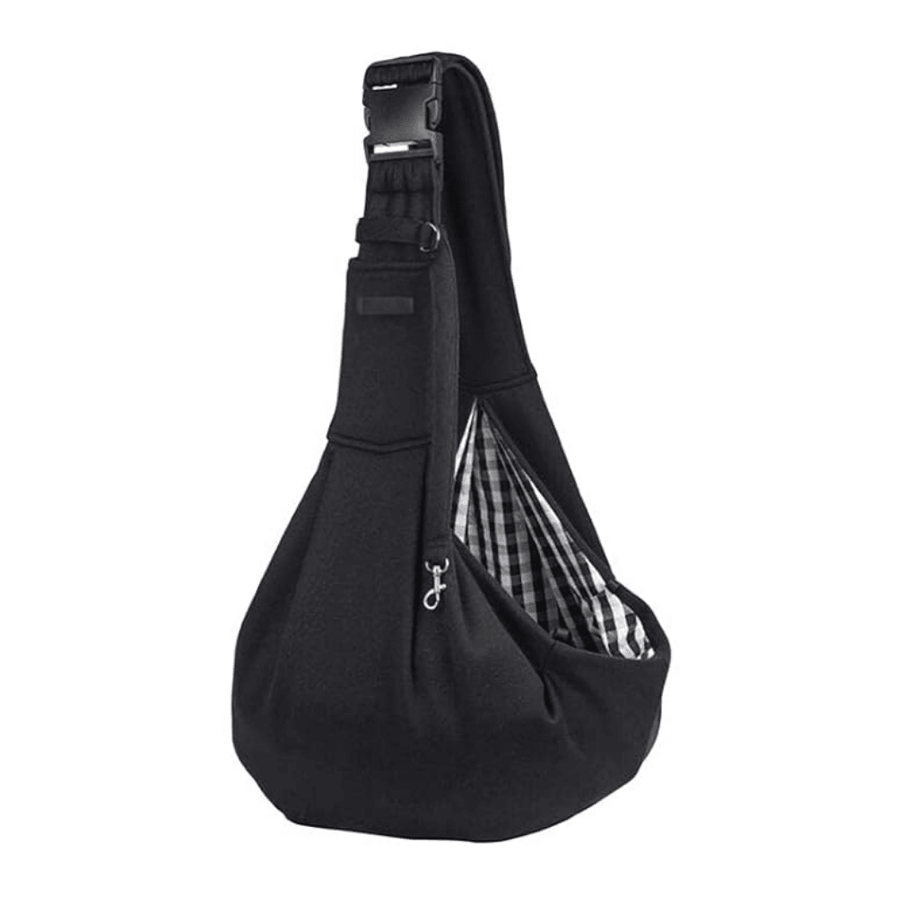 The Puppy Adventure Sling in black, front view with its wide padded shoulder strap