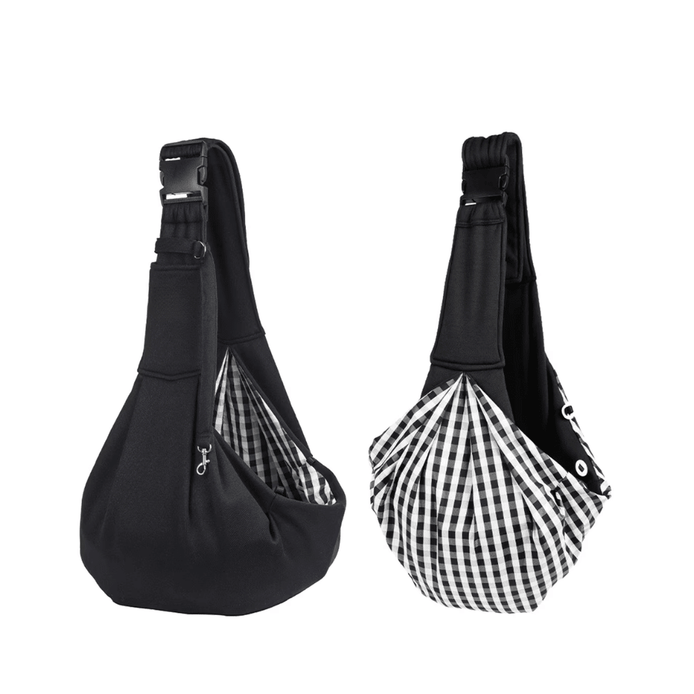Both sides of the reversible Puppy Adventure Sling - plain black on one side, black and white gingham on the other