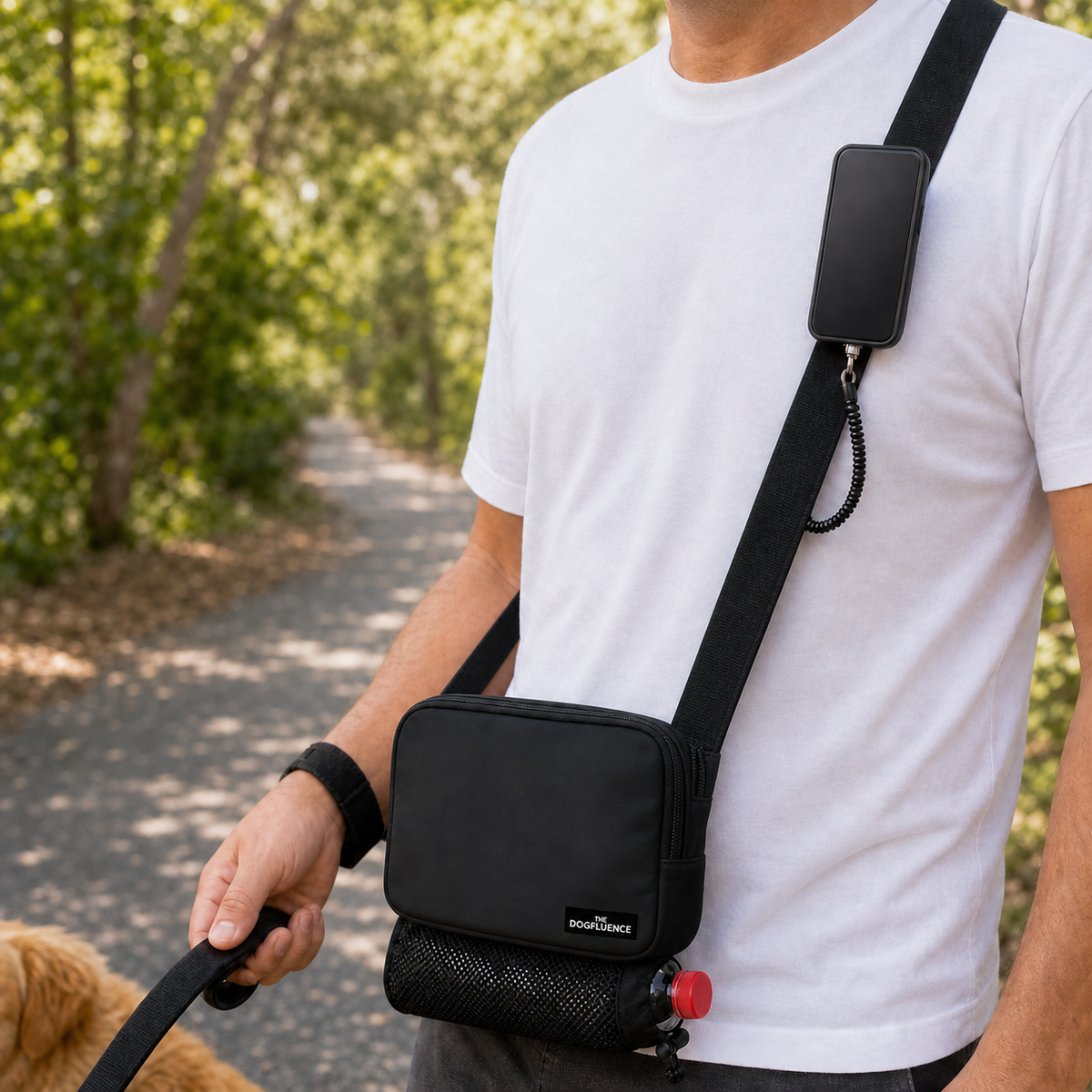 A person walking their dog with the MagSafe Phone Holder clipped to a crossbody bag strap