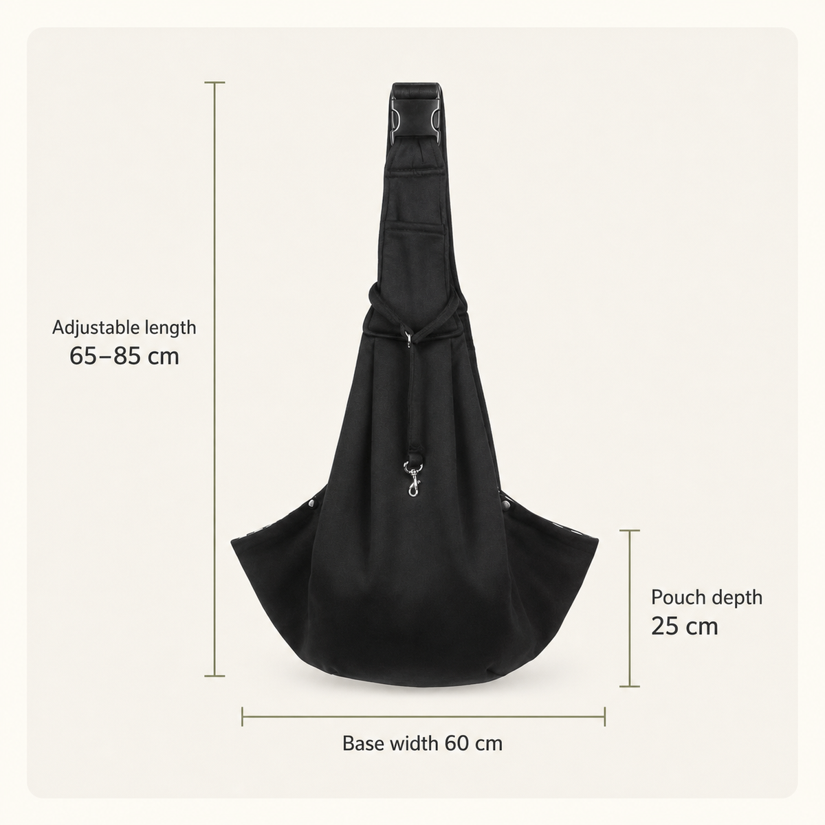 Measurement diagram for the Puppy Adventure Sling: 65 to 85cm adjustable strap, 25cm pouch depth, 60cm base width